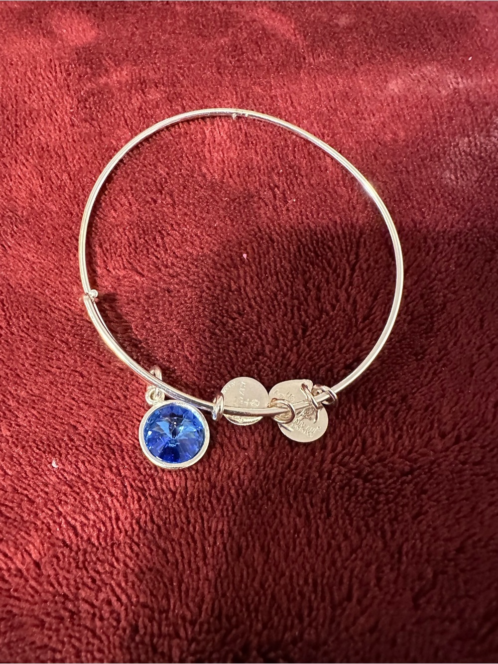 Alex and Ani Silver Bangle with Sapphire Blue Crystal Charm